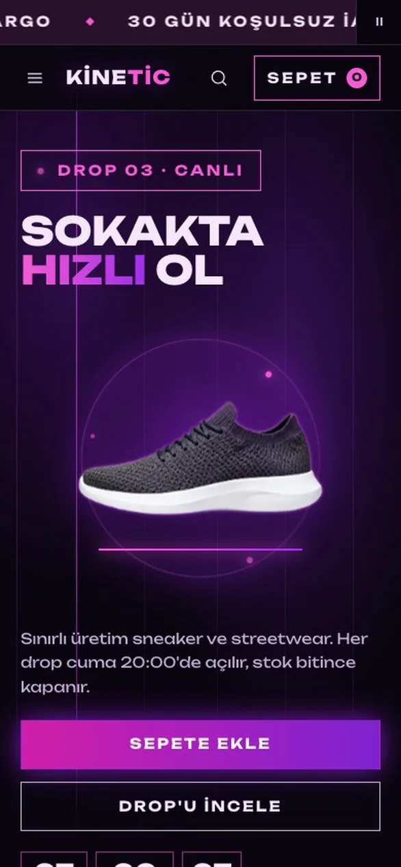 KINETIC temasının ana sayfası: mor neon zeminde drop geri sayımlı hero, üstte kayan duyuru şeridi ve neon halkalı Drop 03 ürün ızgarası.